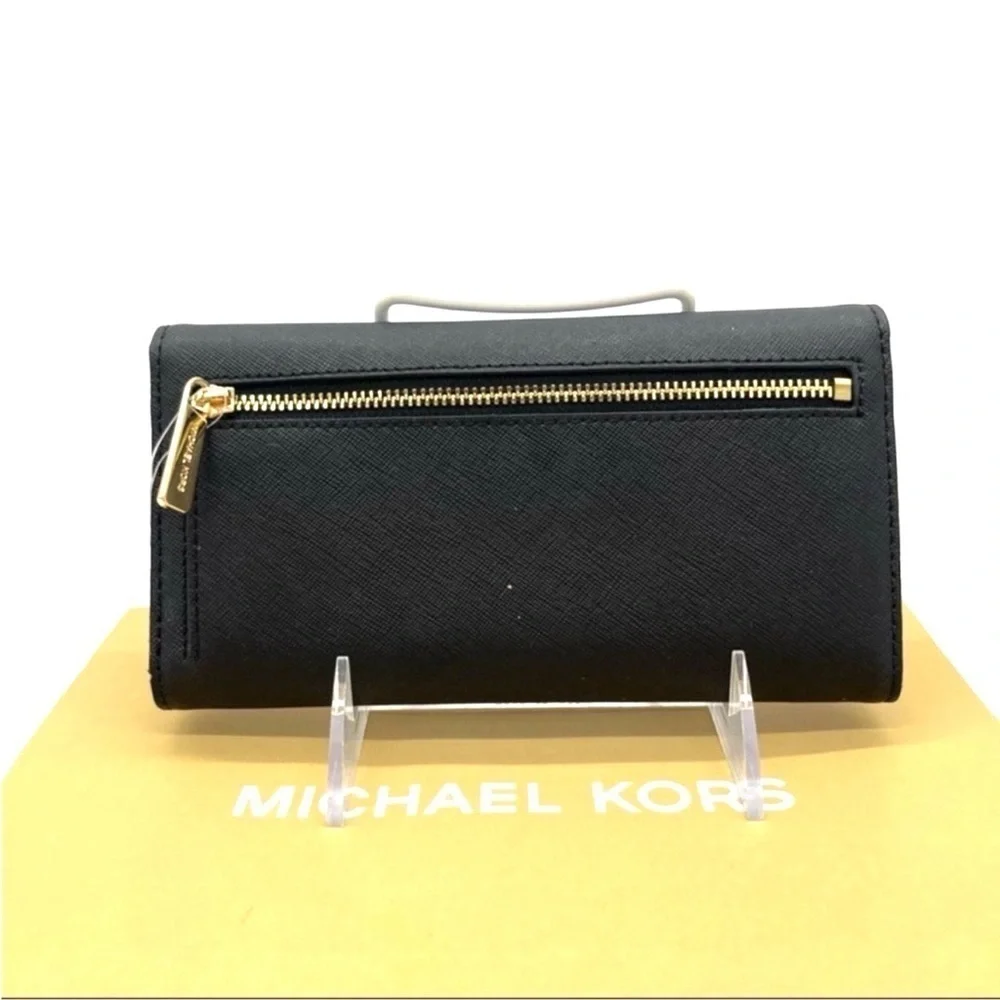 Michael Kors Large Trifold Wallet Black Leather Rich Black/Gold - Picture 3 of 7